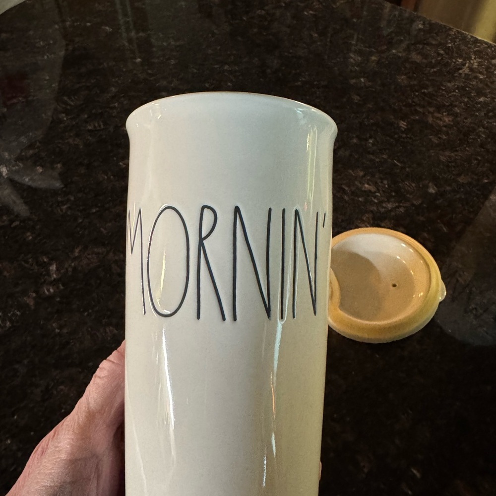 Rae Dunn Artisan Collection MORNIN’ Ceramic Travel Mug Tumbler with Lid